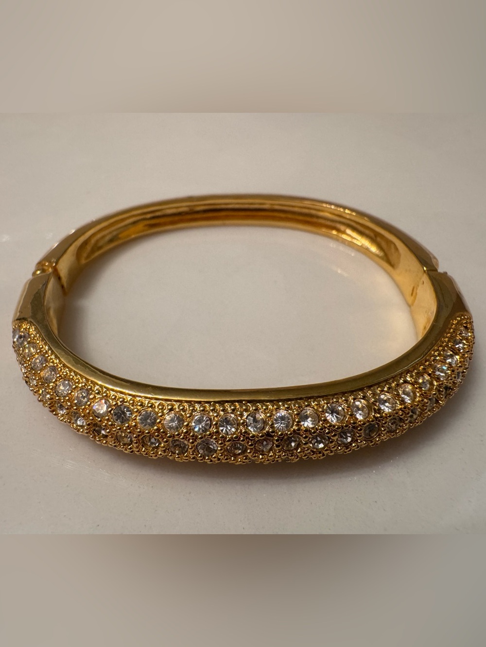 Vintage Gold Tone Pavé Rhinestone Hinged Bangle Bracelet Clear Crystal Statement